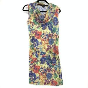 Shana Crinkle Floral Cowl Neck Patch Pocket Tunic Dress L Yellow Multi